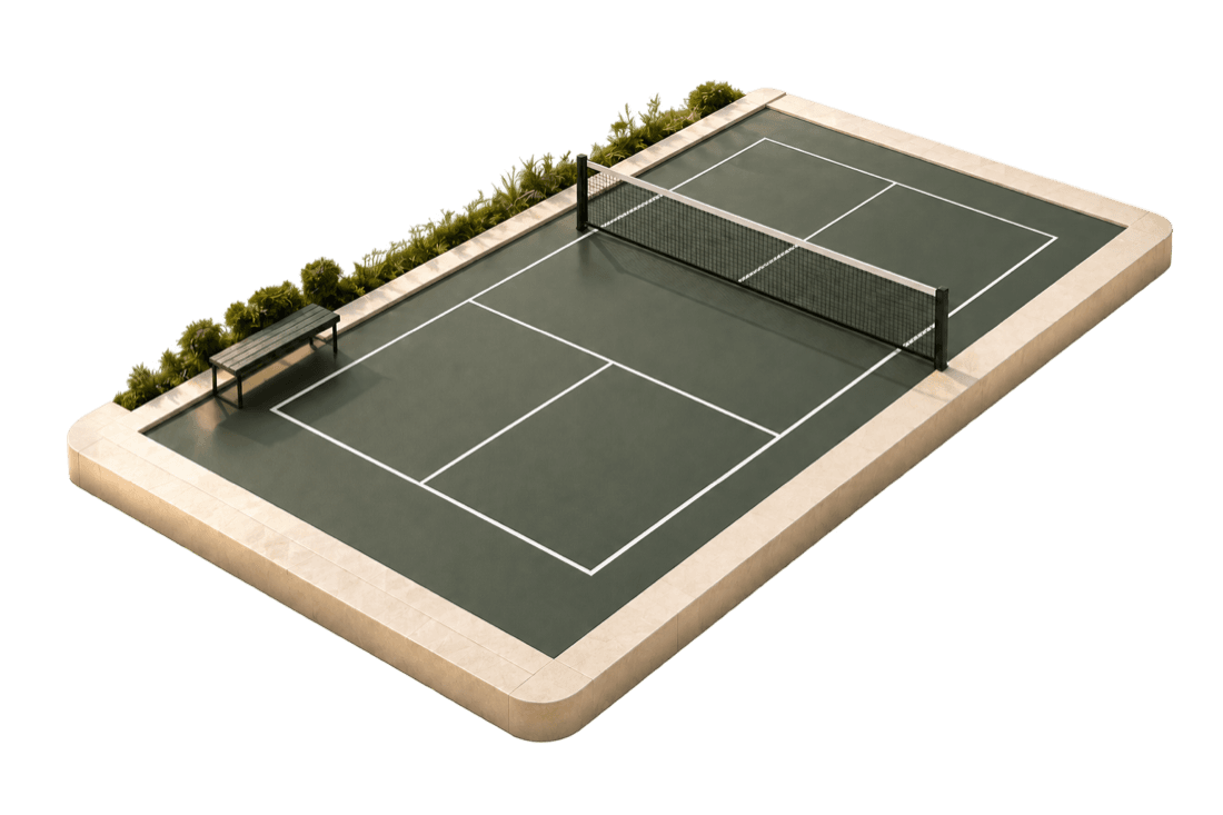A refined green pickleball court with a black net, limestone border, bench, and subtle landscaping